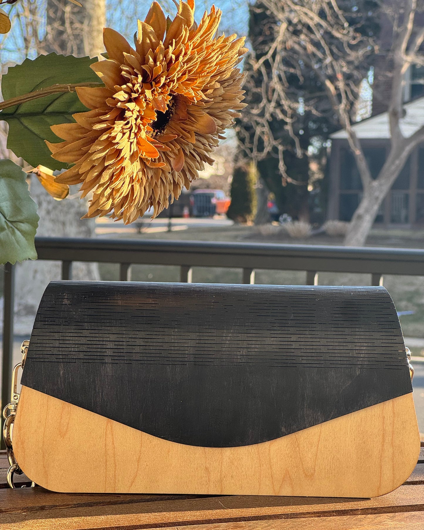 The Michelle Bag w/two-toned mix of Black and Maple wood